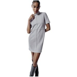 Zara Cotton Blend Reverse Seam Short Sleeve Ribbed Sweater Mini Dress in Grey